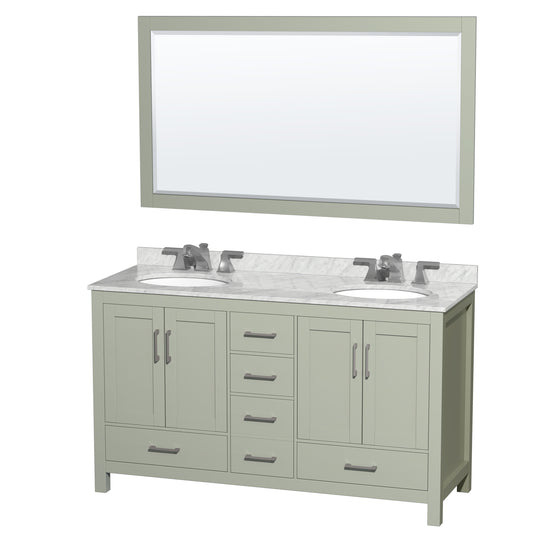 Wyndham Collection Sheffield 60 inch Double Bathroom Vanity in Light Green, White Carrara Marble Countertop, Brushed Nickel Trim - Luxe Bathroom Vanities