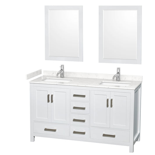 Wyndham Collection Sheffield 60 Inch Double Bathroom Vanity in White, Marble Countertop, Undermount Square Sinks, 24 and 58 Inch Mirrors - Luxe Bathroom Vanities