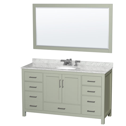 Wyndham Collection Sheffield 60 inch Single Bathroom Vanity in Light Green, White Carrara Marble Countertop, Brushed Nickel Trim - Luxe Bathroom Vanities