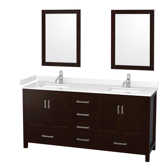 Wyndham Collection Sheffield 72 Inch Double Bathroom Vanity in Espresso, Marble Countertop, Undermount Square Sinks, 24 and 70 Inch Mirrors - Luxe Bathroom Vanities