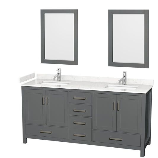 Wyndham Collection Sheffield 72 Inch Double Bathroom Vanity in Dark Gray, Marble Countertop, Undermount Square Sinks, 24 and 70 Inch Mirrors - Luxe Bathroom Vanities