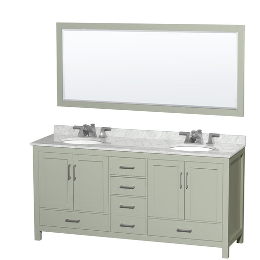 Wyndham Collection Sheffield 72 inch Double Bathroom Vanity in Light Green, White Carrara Marble Countertop, Brushed Nickel Trim - Luxe Bathroom Vanities