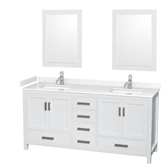 Wyndham Collection Sheffield 72 Inch Double Bathroom Vanity in White, Marble Countertop, Undermount Square Sinks, 24 and 70 Inch Mirrors - Luxe Bathroom Vanities
