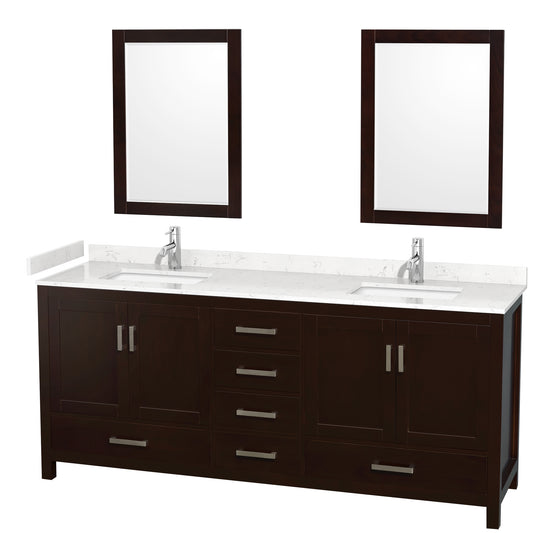 Wyndham Collection Sheffield 80 Inch Double Bathroom Vanity in Espresso, Marble Countertop, Undermount Square Sinks, 24 and 70 Inch Mirrors - Luxe Bathroom Vanities