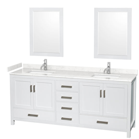 Wyndham Collection Sheffield 80 Inch Double Bathroom Vanity in White, Marble Countertop, Undermount Square Sinks, 24 and 70 Inch Mirrors - Luxe Bathroom Vanities