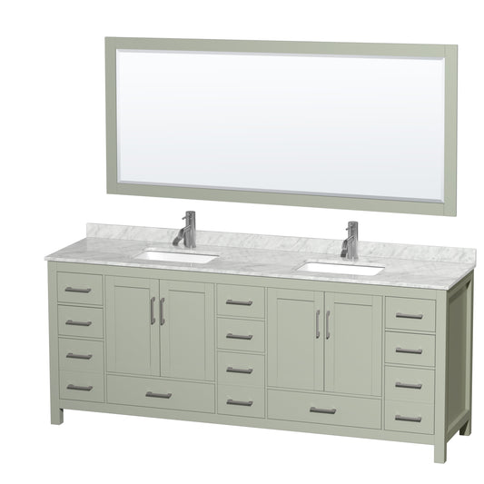 Wyndham Collection Sheffield 84 inch Double Bathroom Vanity in Light Green, White Carrara Marble Countertop, Brushed Nickel Trim - Luxe Bathroom Vanities