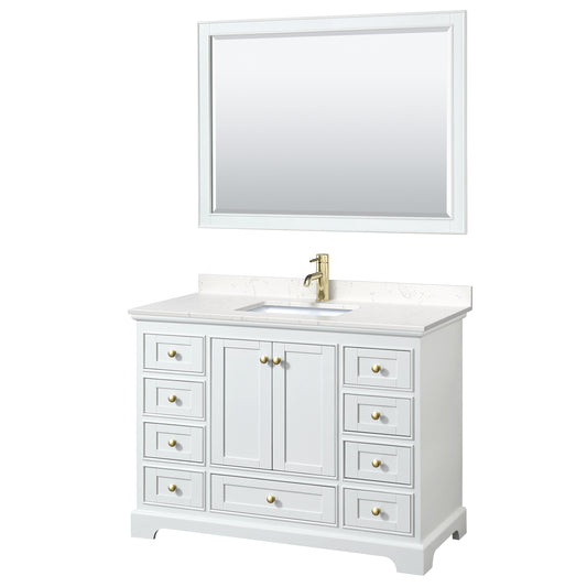 Wyndham Collection Deborah 48 Inch Single Bathroom Vanity in White, Marble Countertop, Undermount Square Sink, Brushed Gold Trim - Luxe Bathroom Vanities