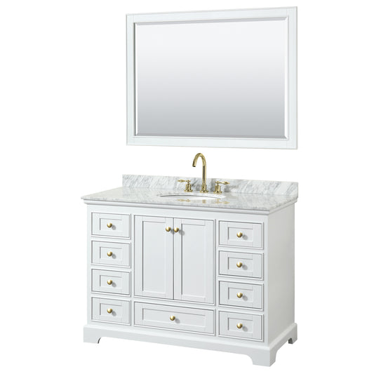 Wyndham Collection Deborah 48 Inch Single Bathroom Vanity in White, White Carrara Marble Countertop, Undermount Oval Sink, Brushed Gold Trim - Luxe Bathroom Vanities