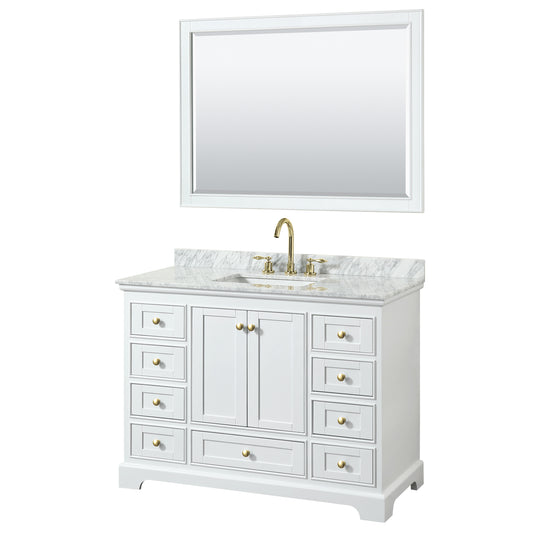 Wyndham Collection Deborah 48 Inch Single Bathroom Vanity in White, White Carrara Marble Countertop, Undermount Square Sink, Brushed Gold Trim - Luxe Bathroom Vanities