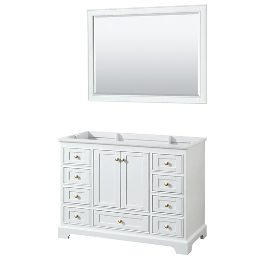 Wyndham Collection Deborah 48 Inch Single Bathroom Vanity in White, No Countertop, No Sink, Brushed Gold Trim, 46 Inch Mirror - Luxe Bathroom Vanities
