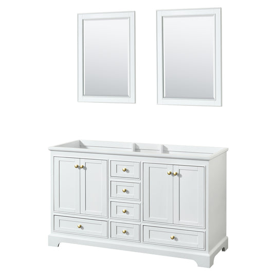 Wyndham Collection Deborah 60 Inch Double Bathroom Vanity in White, No Countertop, No Sinks, Brushed Gold Trim, 24 Inch Mirrors - Luxe Bathroom Vanities