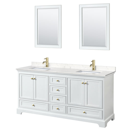 Wyndham Collection Deborah 72 Inch Double Bathroom Vanity in White, Marble Countertop, Undermount Square Sinks, Brushed Gold Trim - Luxe Bathroom Vanities