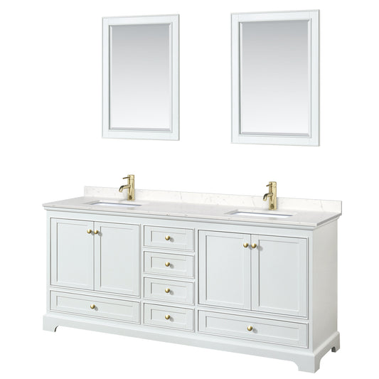 Wyndham Collection Deborah 80 Inch Double Bathroom Vanity in White, Marble Countertop, Undermount Square Sinks, Brushed Gold Trim - Luxe Bathroom Vanities
