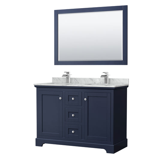 Wyndham Avery 48 Inch Double Bathroom Vanity in Dark Blue, White Carrara Marble Countertop, Undermount Sinks, Polished Chrome Trim - Luxe Bathroom Vanities