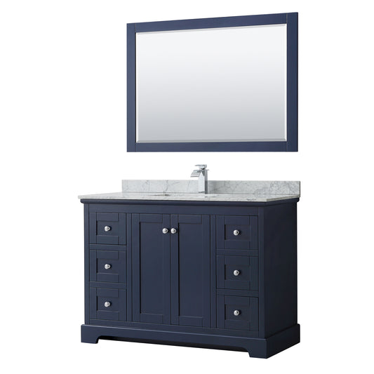 Wyndham Avery 48 Inch Single Bathroom Vanity in Dark Blue, White Carrara Marble Countertop, Undermount Sink, Polished Chrome Trim - Luxe Bathroom Vanities