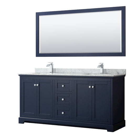 Wyndham Avery 72 Inch Double Bathroom Vanity in Dark Blue, White Carrara Marble Countertop, Undermount Sinks, Polished Chrome Trim - Luxe Bathroom Vanities