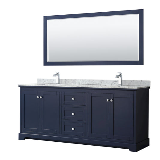 Wyndham Avery 80 Inch Double Bathroom Vanity in Dark Blue, White Carrara Marble Countertop, Undermount Sinks, Polished Chrome Trim - Luxe Bathroom Vanities