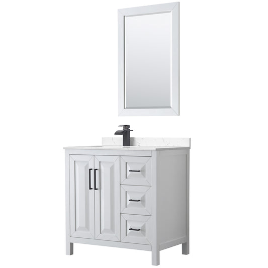 Wyndham Collection Daria 36 Inch Single Bathroom Vanity in White, Marble Countertop, Undermount Square Sink, 24 Inch Mirror - Luxe Bathroom Vanities