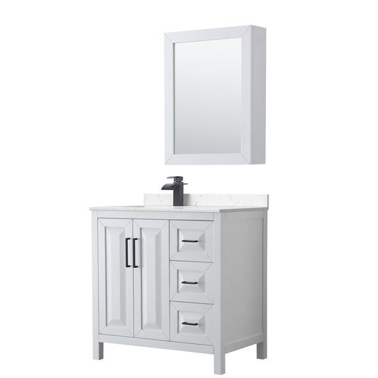 Wyndham Collection Daria 36 Inch Single Bathroom Vanity in White, Marble Countertop, Undermount Square Sink, Medicine Cabinet - Luxe Bathroom Vanities