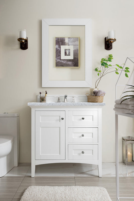 James Martin Palisades 36" Single Vanity, Bright White with 3 CM Top - Luxe Bathroom Vanities