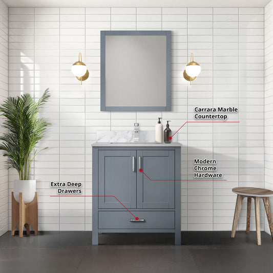 Lexora Collection Jacques 30 inch Bath Vanity, Top, Faucet Set, and 28 inch Mirror - Luxe Bathroom Vanities
