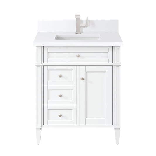 James Martin Brittany 30" Single Vanity, Bright White, w/ Single Hole 3 CM White Zeus Quartz Top & Backsplash - Luxe Bathroom Vanities