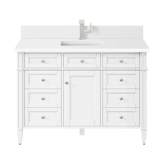 James Martin Brittany 48" Single Vanity, Bright White w/ Single Hole 3 CM White Zeus Quartz Top & Backsplash - Luxe Bathroom Vanities