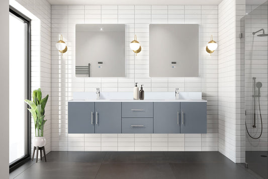 Lexora Collection Geneva 80 inch Double Bath Vanity, White Quartz Top, Faucet Set, and 30 inch LED Mirrors - Luxe Bathroom Vanities
