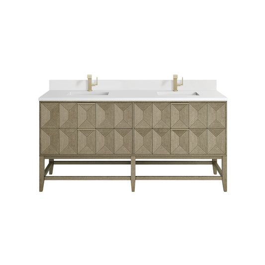 James Martin Emmeline 72" Double Vanity, Pebble Oak w/ Single Hole 3 CM White Zeus Top & Backsplash - Luxe Bathroom Vanities