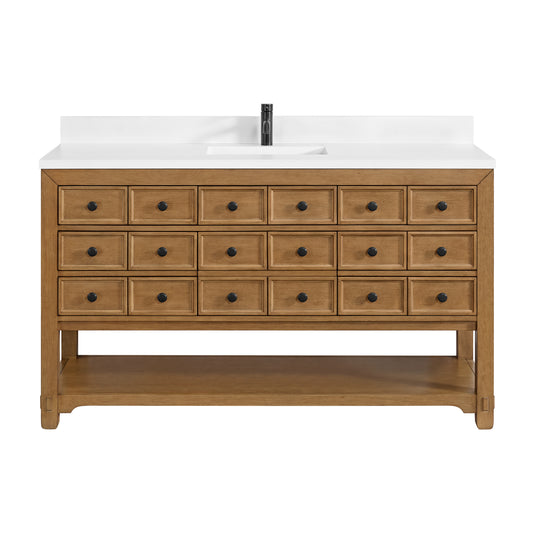 James Martin Malibu 60" Single Vanity, Amber Birch w/ Single Hole 3 CM White Zeus Top & Backsplash - Luxe Bathroom Vanities