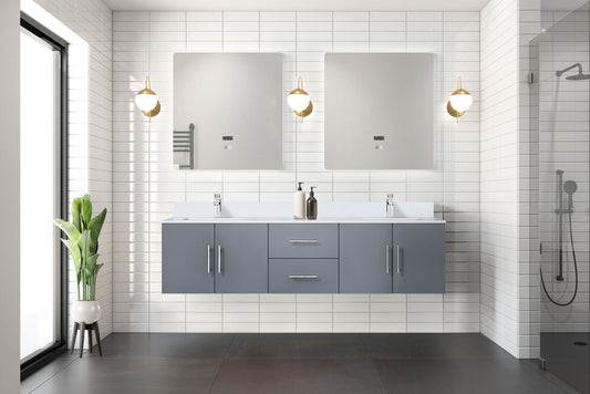 Lexora Collection Geneva 72 inch Double Bath Vanity, White Quartz Top, Faucet Set, and 30 inch LED Mirrors - Luxe Bathroom Vanities