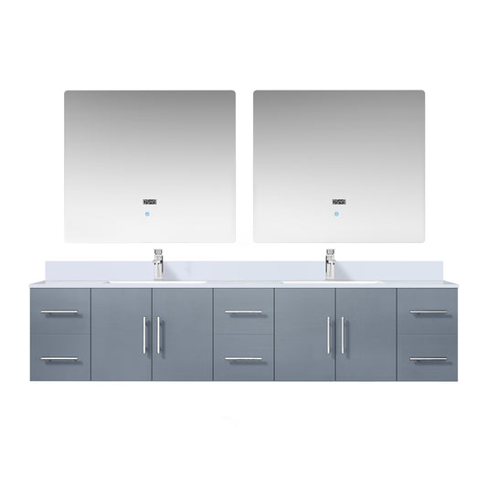 Lexora Collection Geneva 84 inch Double Bath Vanity, White Quartz Top, Faucet Set, and 36 inch LED Mirrors - Luxe Bathroom Vanities