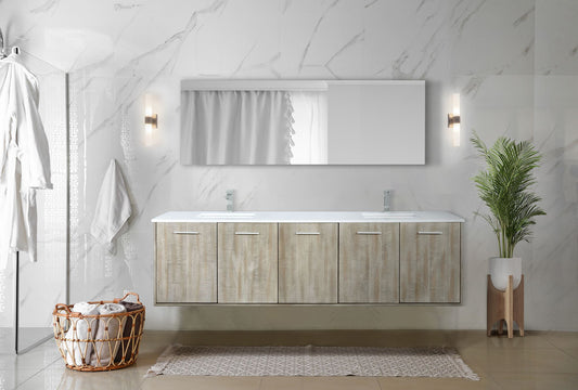 Lexora Collection Fairbanks 80 inch Rustic Acacia Double Bath Vanity, White Quartz Top, Faucet Set and 70 inch Mirror - Luxe Bathroom Vanities