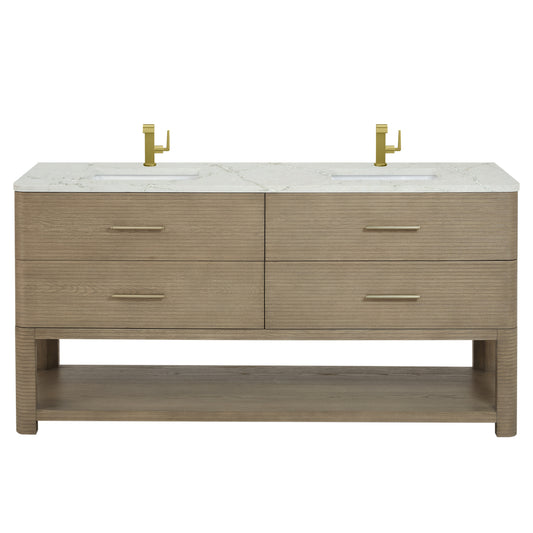 James Martin Lucian 72" Double Vanity, Pebble Oak w/ 3 CM Top - Luxe Bathroom Vanities