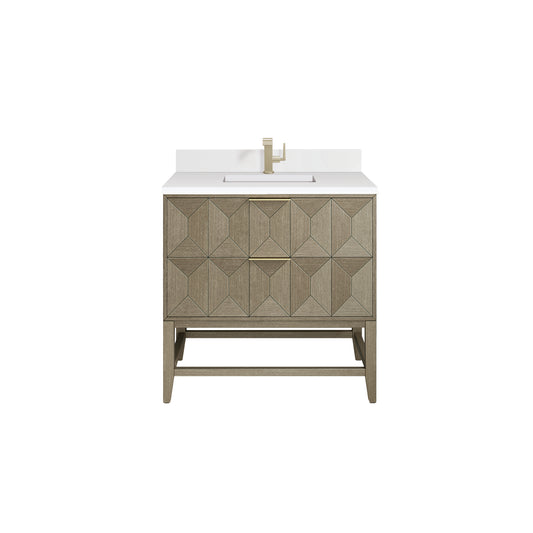 James Martin Emmeline 36" Single Vanity, Pebble Oak w/ Single Hole 3 CM White Zeus Top & Backsplash - Luxe Bathroom Vanities
