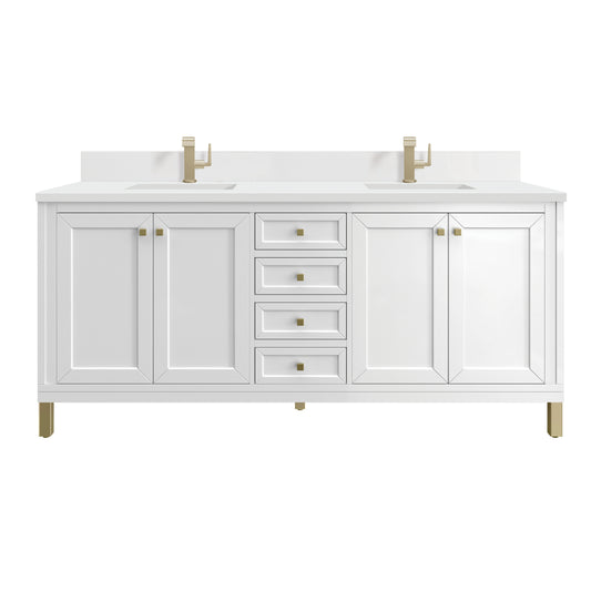 James Martin Chicago 72" Double Vanity with Single Hole 3CM White Zeus Silestone Top & Backsplash
