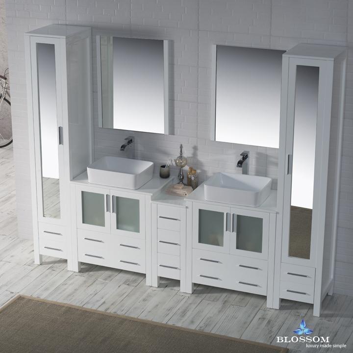 Blossom Sydney 102" w/ Vessel Sinks and Mirror Linen Cabinet - Luxe Bathroom Vanities Luxury Bathroom Fixtures Bathroom Furniture