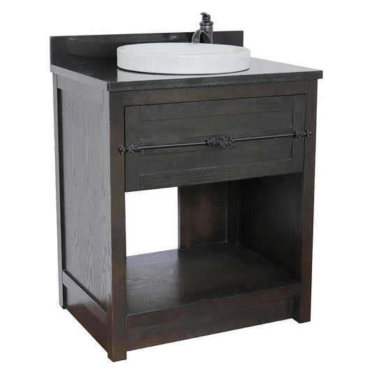 31" Single Vanity In Brown Ash Finish Top With Black Galaxy And Round Sink - Luxe Bathroom Vanities