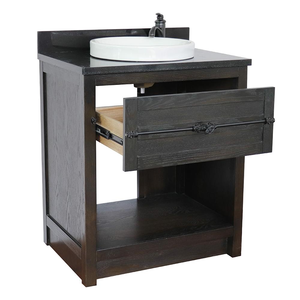 31" Single Vanity In Brown Ash Finish Top With Black Galaxy And Round Sink - Luxe Bathroom Vanities