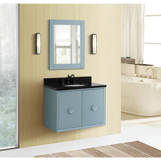31" Single Wall Mount Vanity In Aqua Blue Finish Top With Black Galaxy And Oval Sink - Luxe Bathroom Vanities