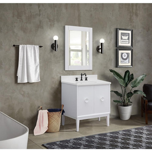 31" Single Vanity In White Finish Top With White Quartz And Oval Sink - Luxe Bathroom Vanities