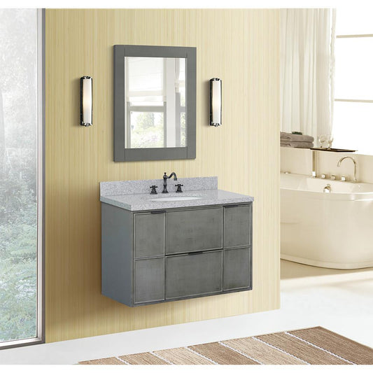 37" Single Wall Mount Vanity In Linen Gray Finish Top With Gray Granite And Oval Sink - Luxe Bathroom Vanities
