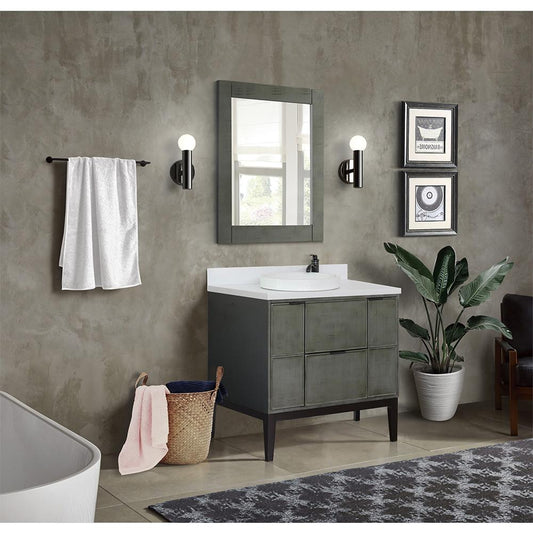 37" Single Vanity In Linen Gray Finish Top With White Quartz And Round Sink - Luxe Bathroom Vanities