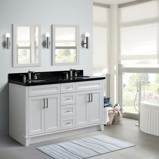 Bellaterra Home 61" Double sink vanity in White finish and Black galaxy granite and oval sink - Luxe Bathroom Vanities