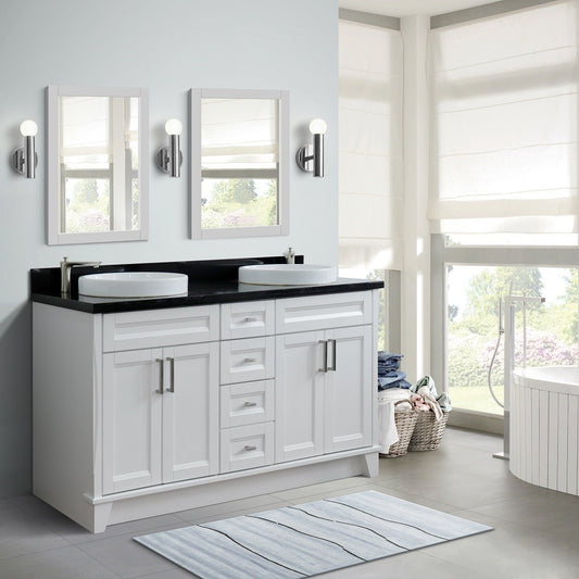 Bellaterra Home 61" Double sink vanity in White finish and Black galaxy granite and round sink - Luxe Bathroom Vanities