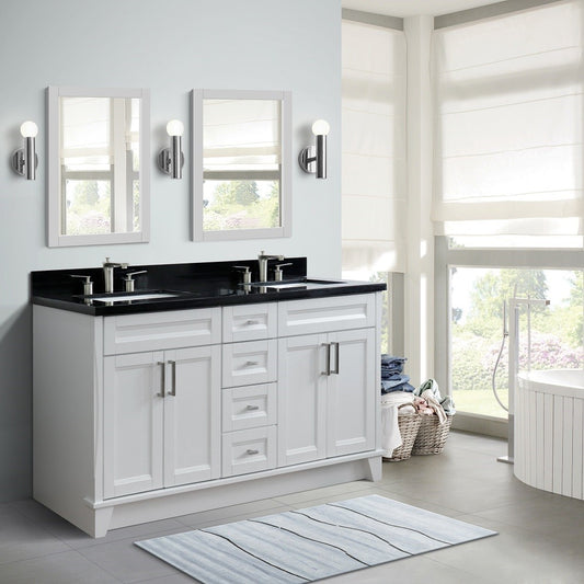 Bellaterra Home 61" Double sink vanity in White finish and Black galaxy granite and rectangle sink - Luxe Bathroom Vanities