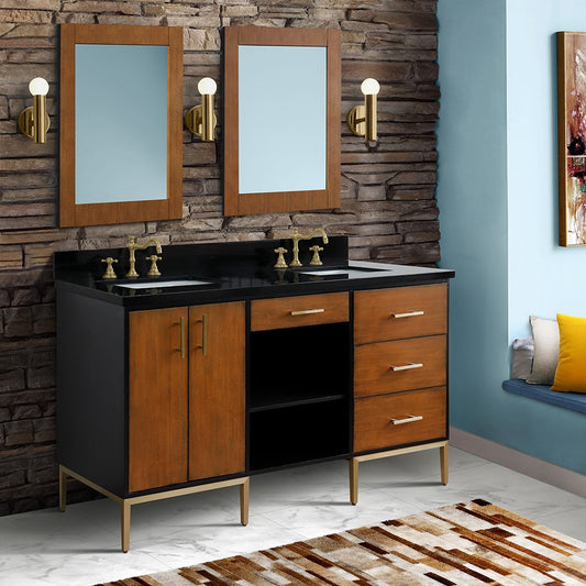 Bellaterra Home 61" Double sink vanity in Walnut and Black finish and Black galaxy granite and rectangle sink - Luxe Bathroom Vanities