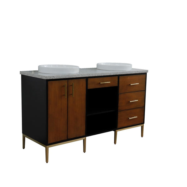 Bellaterra Home 61" Double sink vanity in Walnut and Black finish and Black galaxy granite and round sink - Luxe Bathroom Vanities