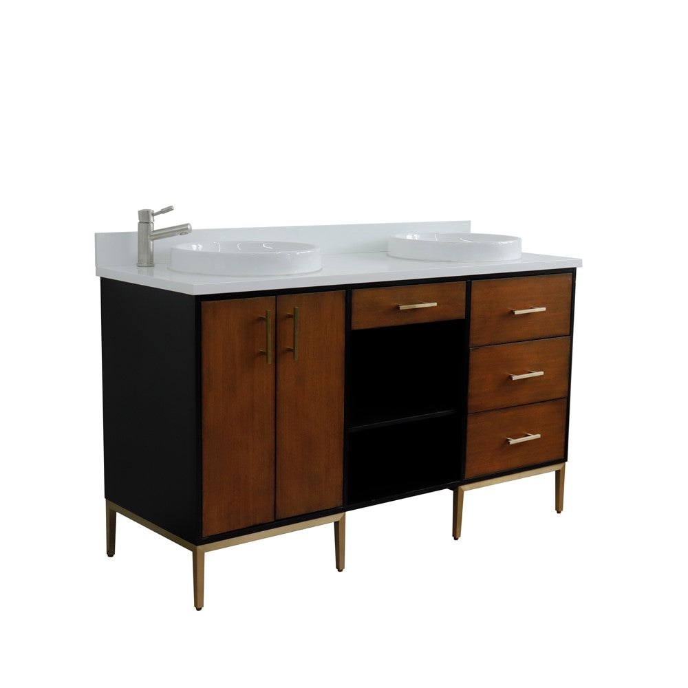Bellaterra Home 61" Double sink vanity in Walnut and Black finish and Black galaxy granite and round sink - Luxe Bathroom Vanities