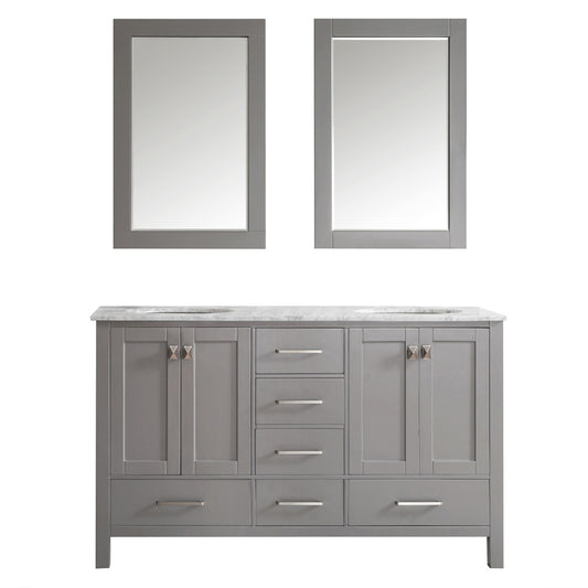 Vinnova Gela 60" Double Vanity in Grey with Carrara White Marble Countertop - Luxe Bathroom Vanities